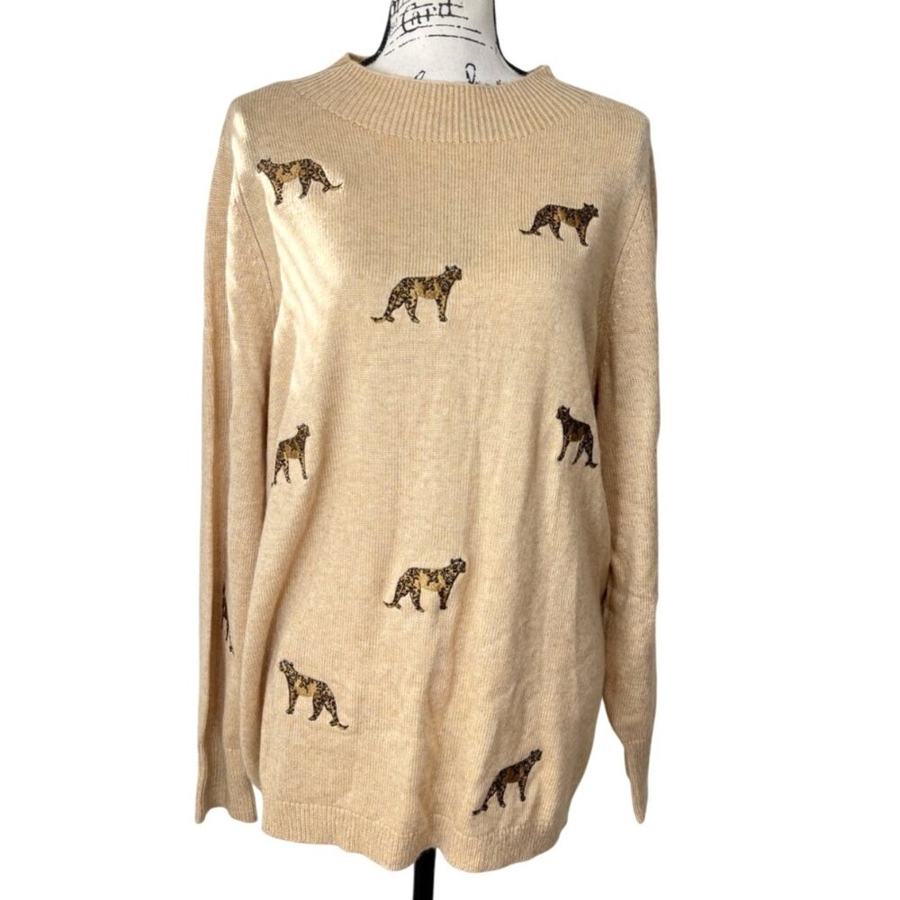 Chicos Pullover Sweater Embroidered Cheetah Long Sleeves Beige Womens XL NEW - Picture 2 of 9